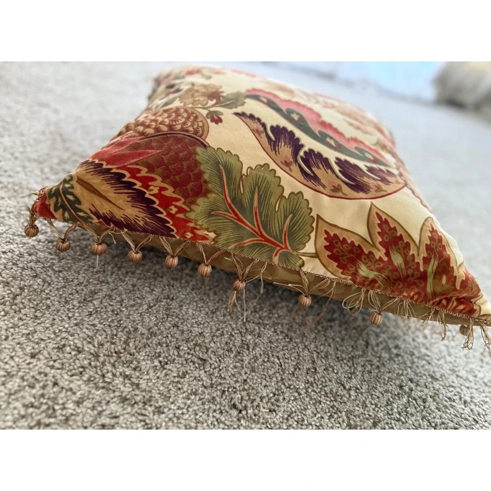 Pier 1 Floral Throw Pillow accent Decorative Gold Damask‎ Ball Fringe 18
